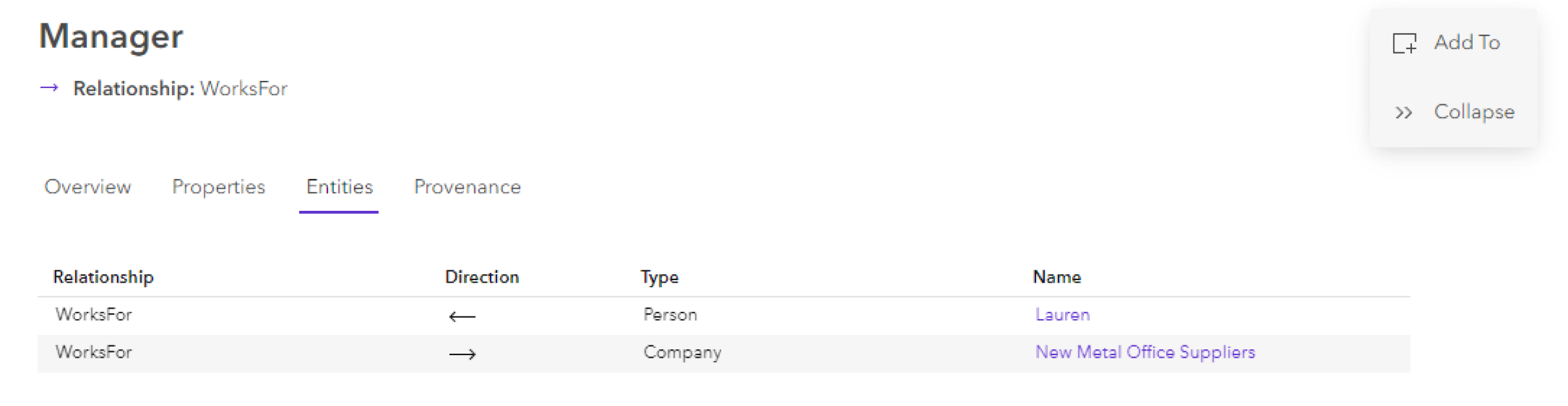 Content for a selected relationship on the Entities tab in the knowledge graph view Content for a selected relationship on the Entities tab in the knowledge graph view