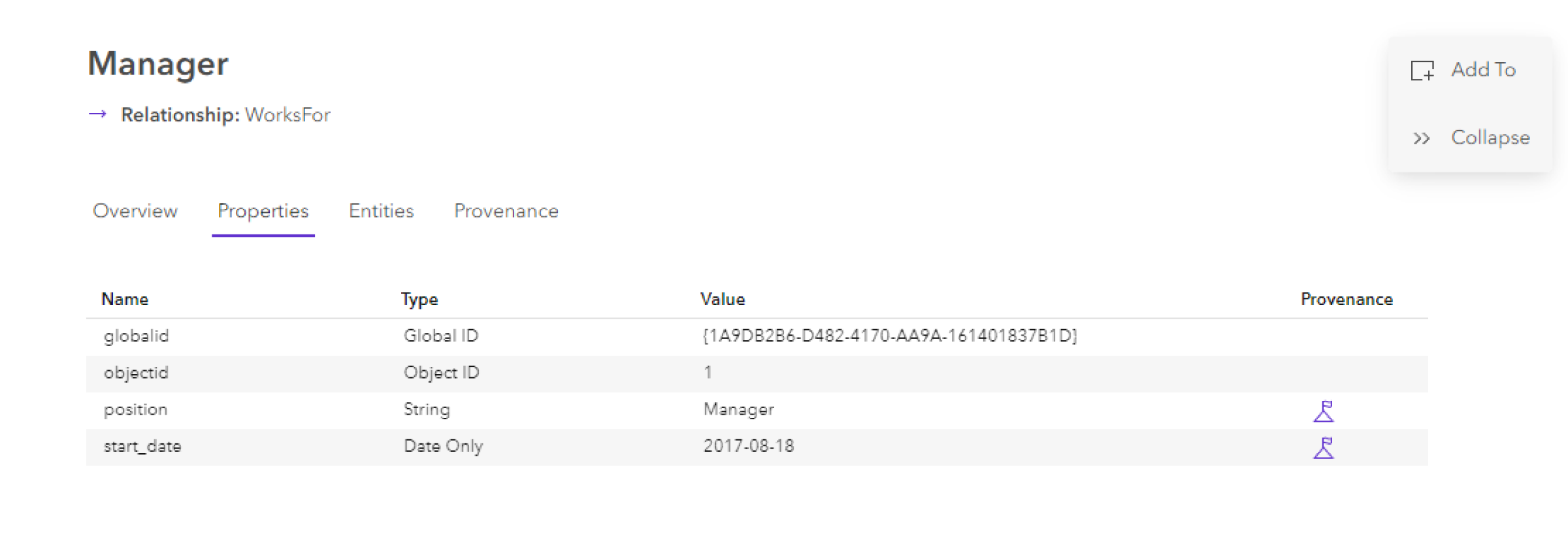Content for a selected relationship on the Properties tab in the knowledge graph view Content for a selected relationship on the Properties tab in the knowledge graph view