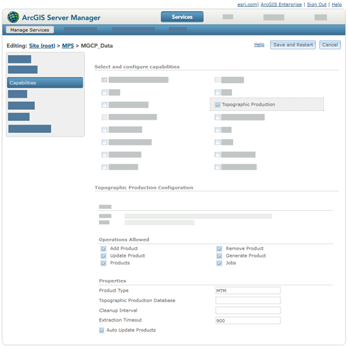 ArcGIS Server Manager with the Topographic Production capability highlighted to show its operations and other properties that were set when the service was published from ArcGIS Pro ArcGIS Server Manager with the Topographic Production capability highlighted to show its operations and other properties that were set when the service was published from ArcGIS Pro